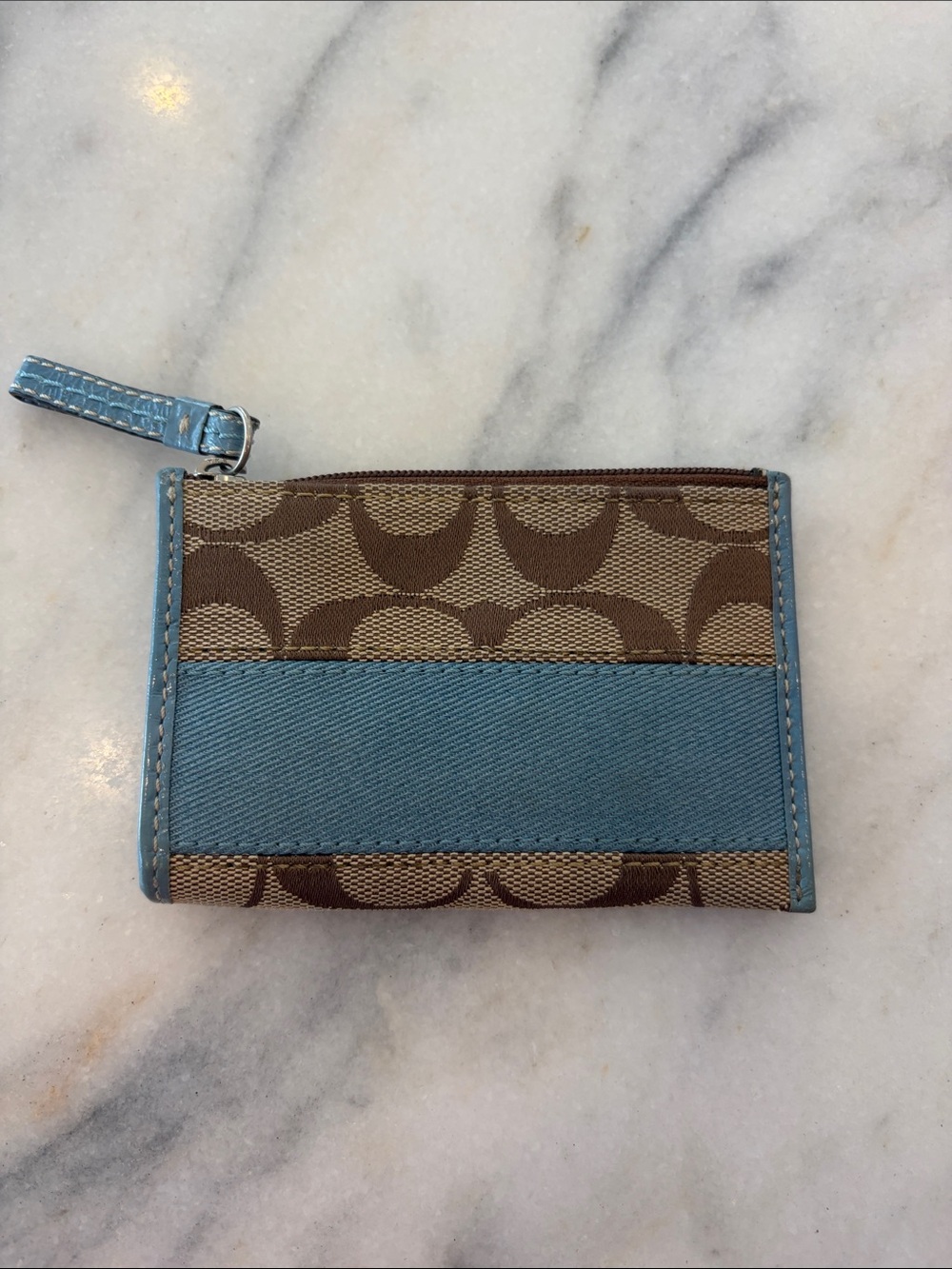 Coach Brown Signature Canvas Card Holder with Blue Trim